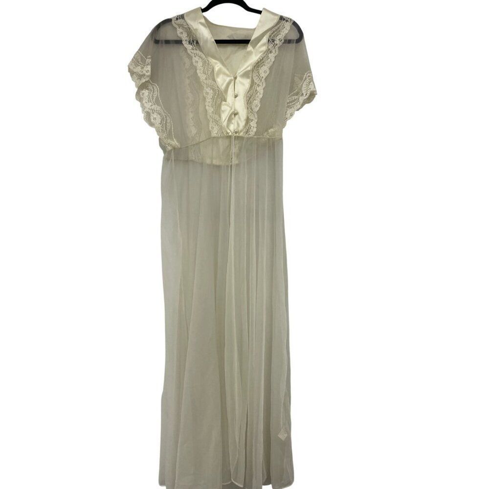 Vintage Val Mode Womens Nightgown Long M Medium Ivory Nylon Lace Trimmed Bridal